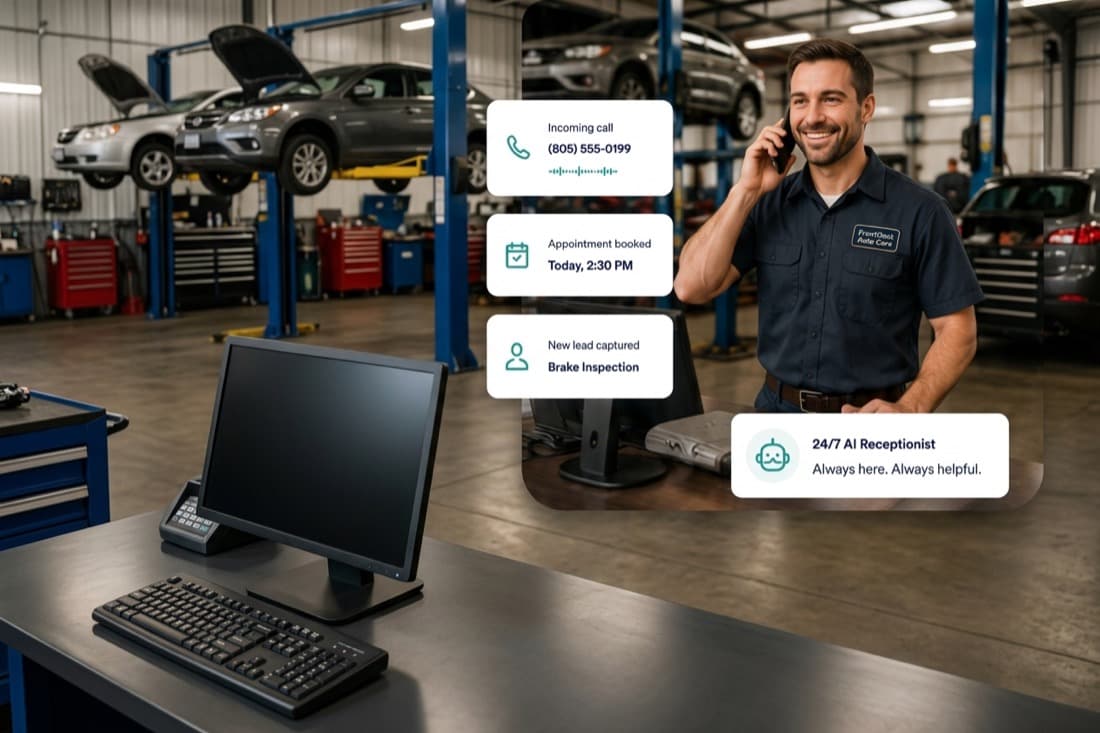 A smiling auto repair technician taking a call in a busy shop, with notification cards showing an incoming call, an appointment booked for today at 2:30 PM, a captured Brake Inspection lead, and a 24/7 AI receptionist badge.