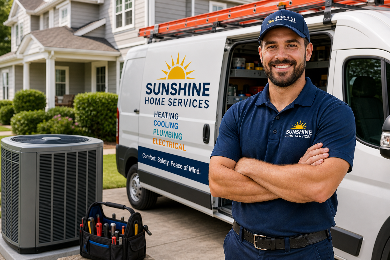 Home services technician with branded service van