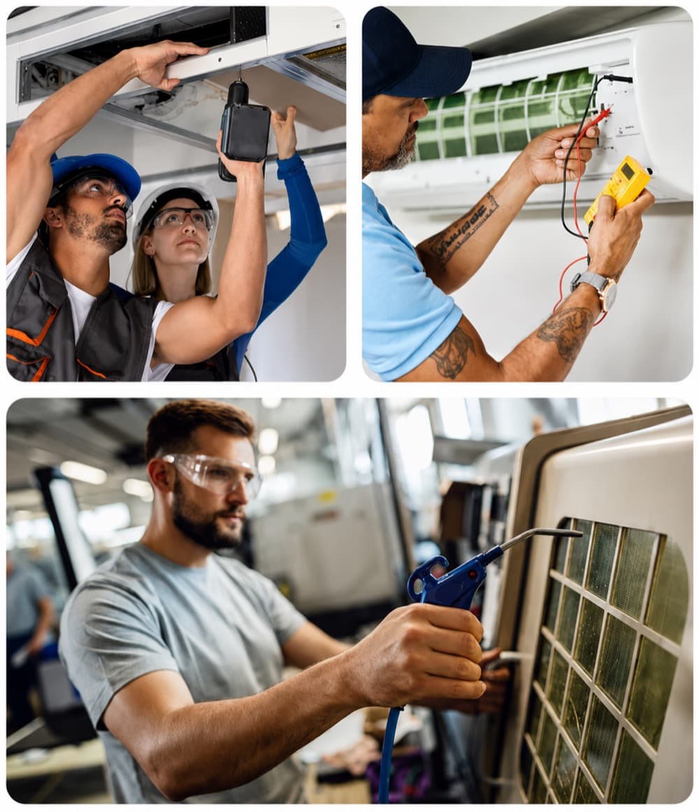 Home service technicians installing and servicing HVAC systems