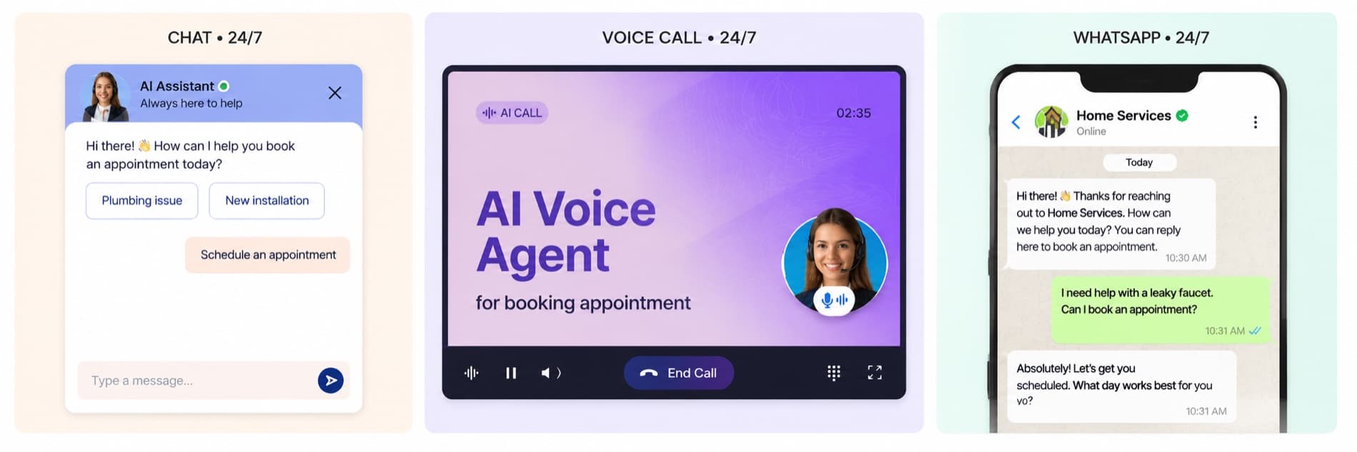CSAgentIQ answering customers over live chat, an AI voice call, and WhatsApp — all available 24/7